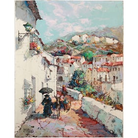 Signed La Vardera, Oil on Canvas Painting Spanish Village Road with Figures, Hillside Buildings