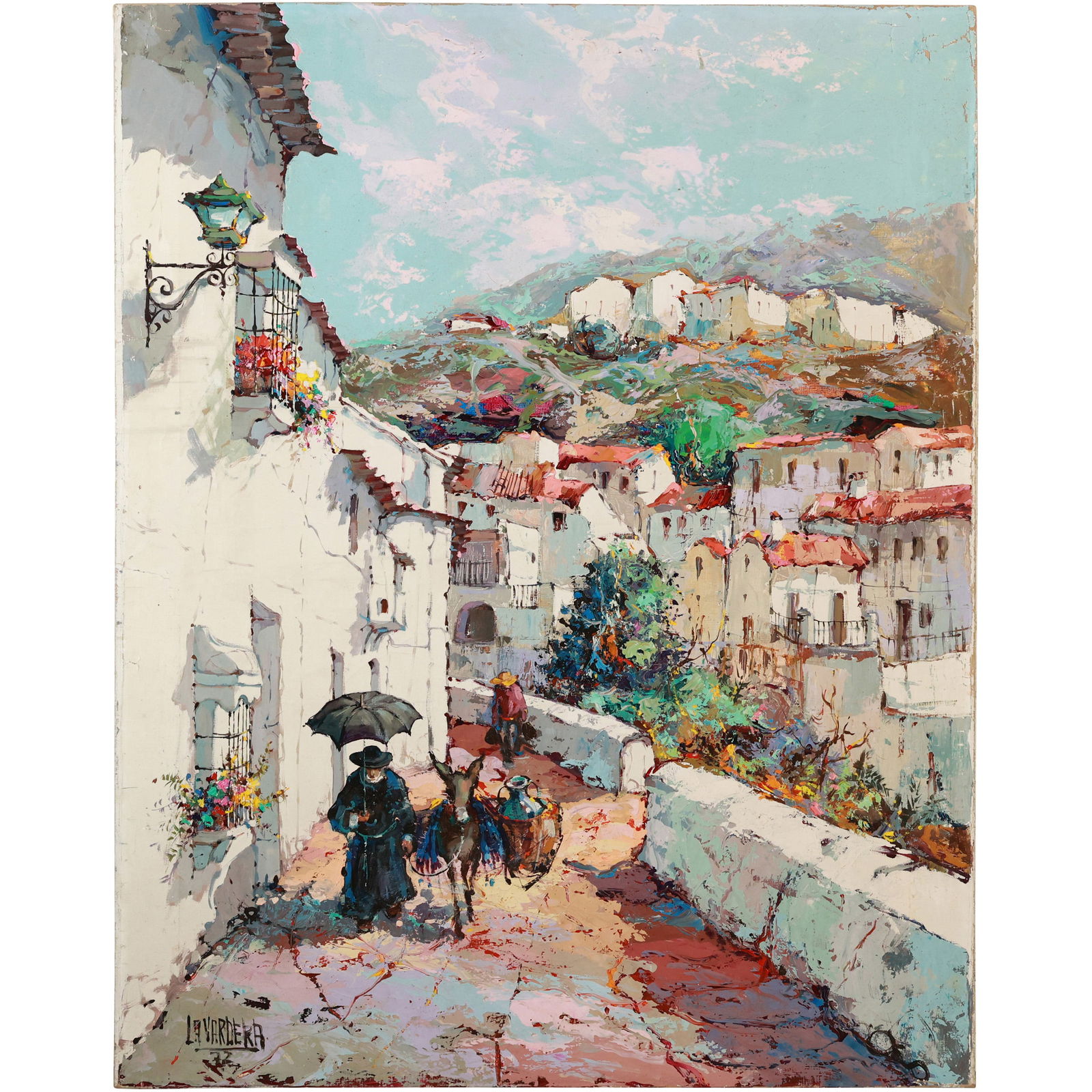 Signed La Vardera, Oil on Canvas Painting Spanish Village Road with Figures, Hillside Buildings (1 of 19)