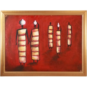 20th C. Oil on Canvas Modern African Art, Stylized Figures of Women Carrying Pots on Heads