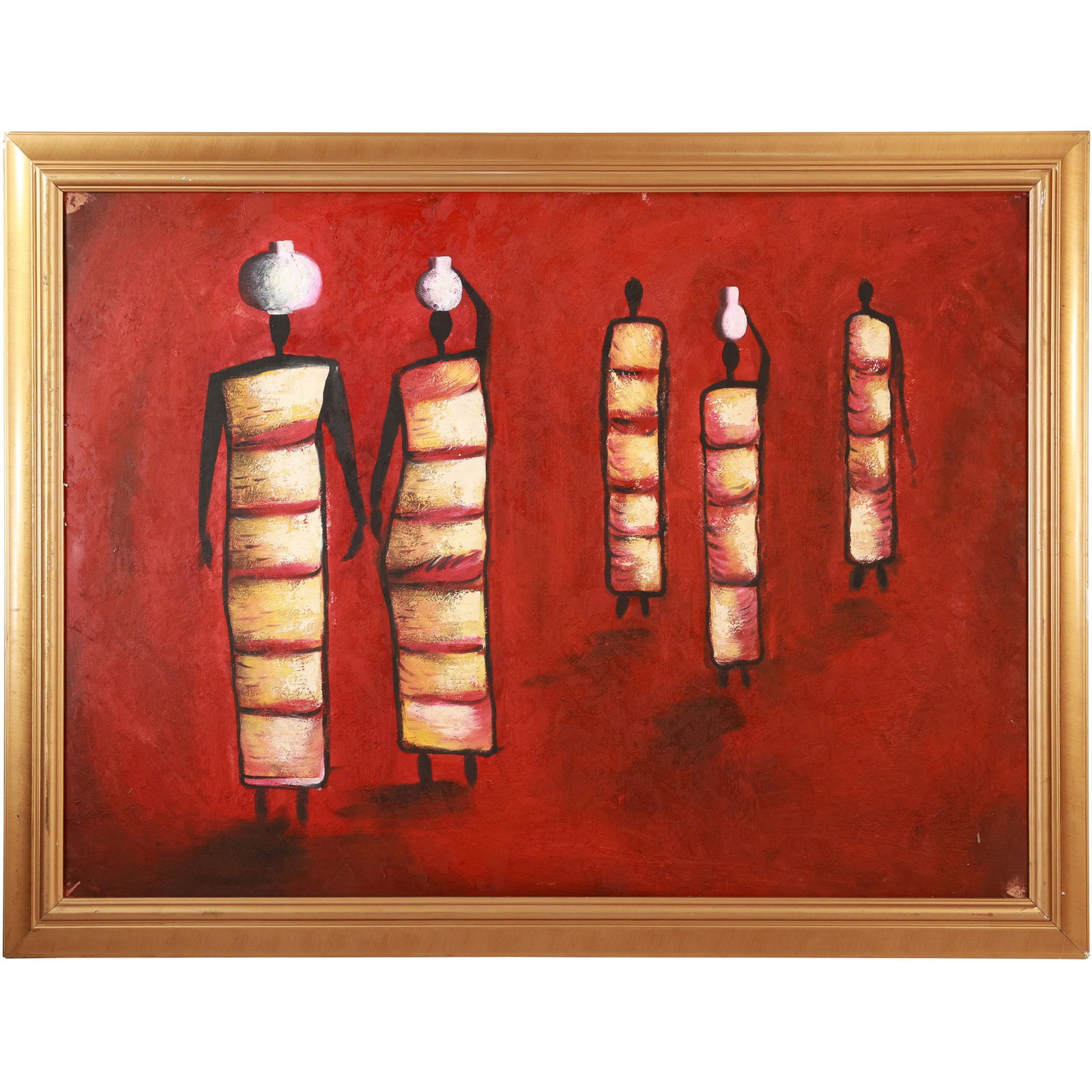 20th C. Oil on Canvas Modern African Art, Stylized Figures of Women Carrying Pots on Heads (1 of 13)