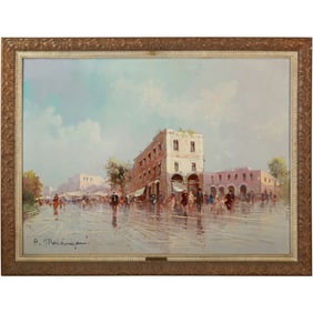 Aldo Marangoni, Italy, Oil on Canvas Painting European Street Scene Venice or Paris, Signed