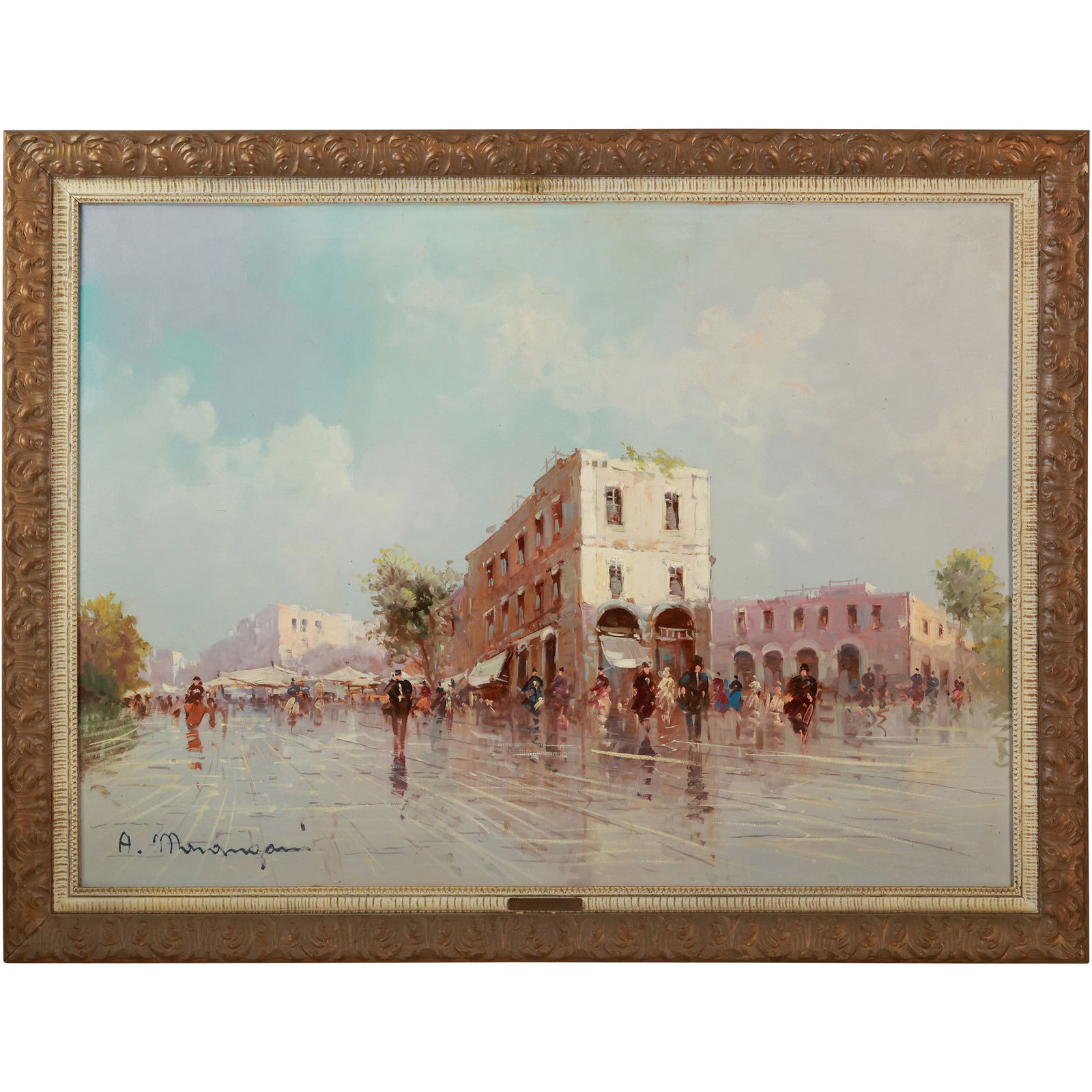 Aldo Marangoni, Italy, Oil on Canvas Painting European Street Scene Venice or Paris, Signed: Aldo Marangoni, an Italian painter active in the 20th century. The painting depicts a European street scene, possibly in Venice or Paris, Oil on Canvas Painting, Signed, Framed. size: 28 x 38 outside