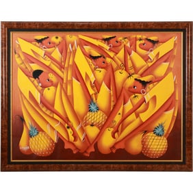 Laurent Casimir (1928 - 1990] Haiti, Oil on Canvas Painting "Figures in Yellow", Signed, Framed
