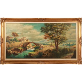 Raffaele Gialanella, Vintage Oil on Canvas Painting Eropean Landscape with Figures, Arch Bridge