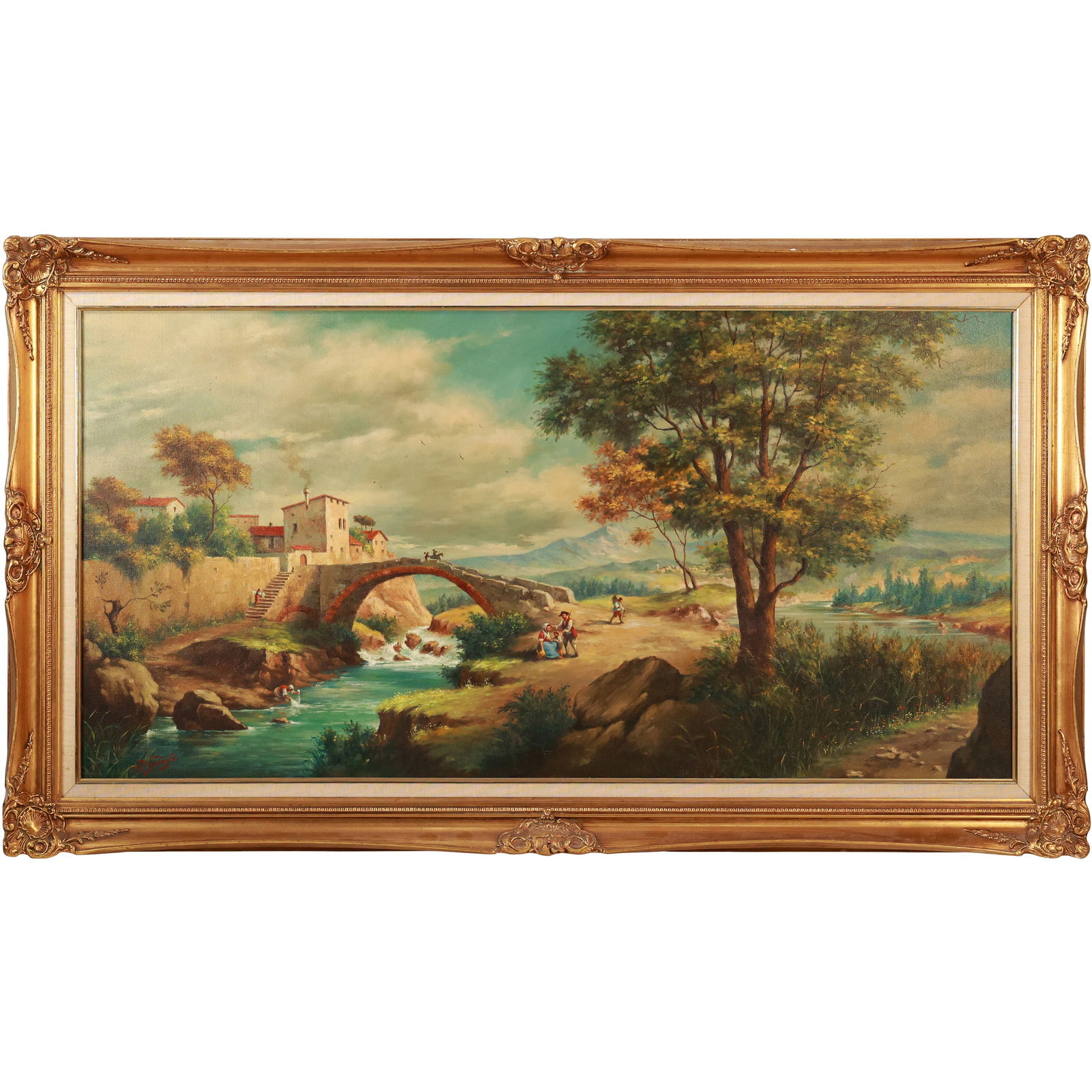 Raffaele Gialanella, Vintage Oil on Canvas Painting Eropean Landscape with Figures, Arch Bridge (1 of 20)