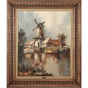 Paulson, Vintage Oil on Canvas Painting Windmill in Landscape, Signed and Framed