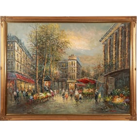 R Louie, Fabulous Vintage Oil on Cavas Painting Busy Paris Strret Scene, Many Figures, Flowers