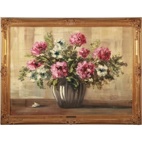 Signed H Wolfe, Vintage Oil on Canvas Painting, Still Life Flowers in Vase, Framed