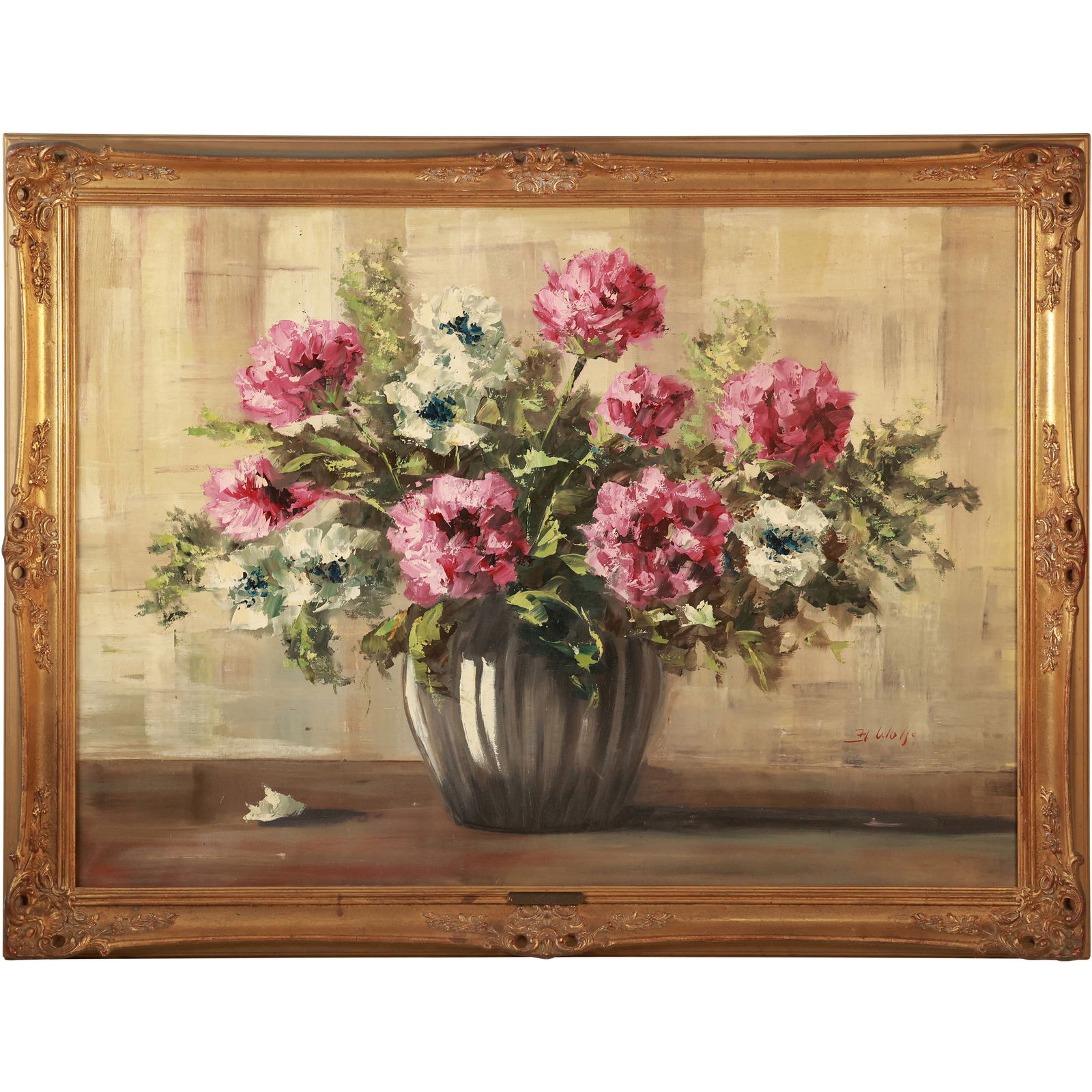 Signed H Wolfe, Vintage Oil on Canvas Painting, Still Life Flowers in Vase, Framed (1 of 19)
