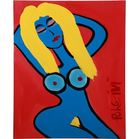 Thomas Pulgini, American, Pop-Art Abstract Oil on Canvas Painting Blue Woman Yellow Hair