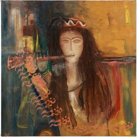 Signed Rad, Oil on Canvas Painting Gypsy Girl Playing a Flute Instrument