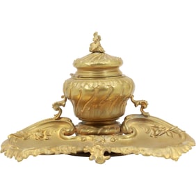 Antique 19th C. French Victorian Gilt Bronze Inkwell 7 inches wide