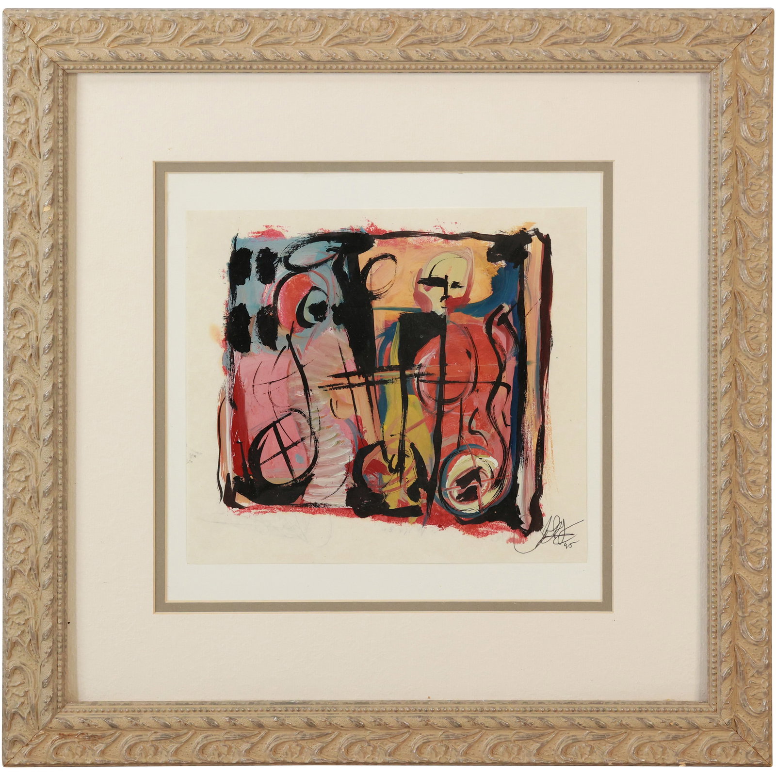 High Quality Abstract Painting Signed and Dated '95, Oil n Paper, Titled "Mirza" on Verso: High Quality Abstract Painting Signed and Dated '95, Oil n Paper, Titled "Mirza" on Verso. size: 8.5 x 8.5 outside frame 16 x 16