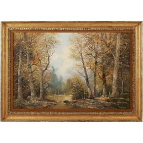 Joseph Kugler, Vienna, Oil on Canvas Painting Woodland Landscape with Stream, Signed, Framed