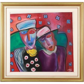 Justin Love 1990, American, Oil Painting Abstract Pop Art 2 Figures Portraits, Signed, Framed