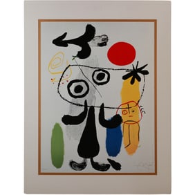 print of Joan Miró's painting titled "Figur gegen rote Sonne II" (Figure against red sun II)
