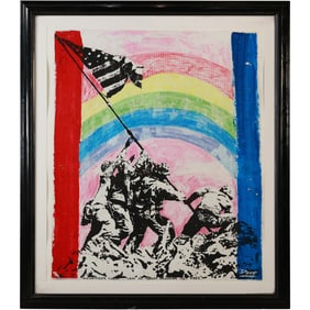 WWII Flag Raising on Iwo Jima Framed Watercolor Painting Artist Signed & Dated 2001
