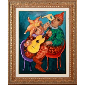 Alexander Kanchik, Russian-Israeli, Dimensional Relief Painting Harlequin Figures Musicians