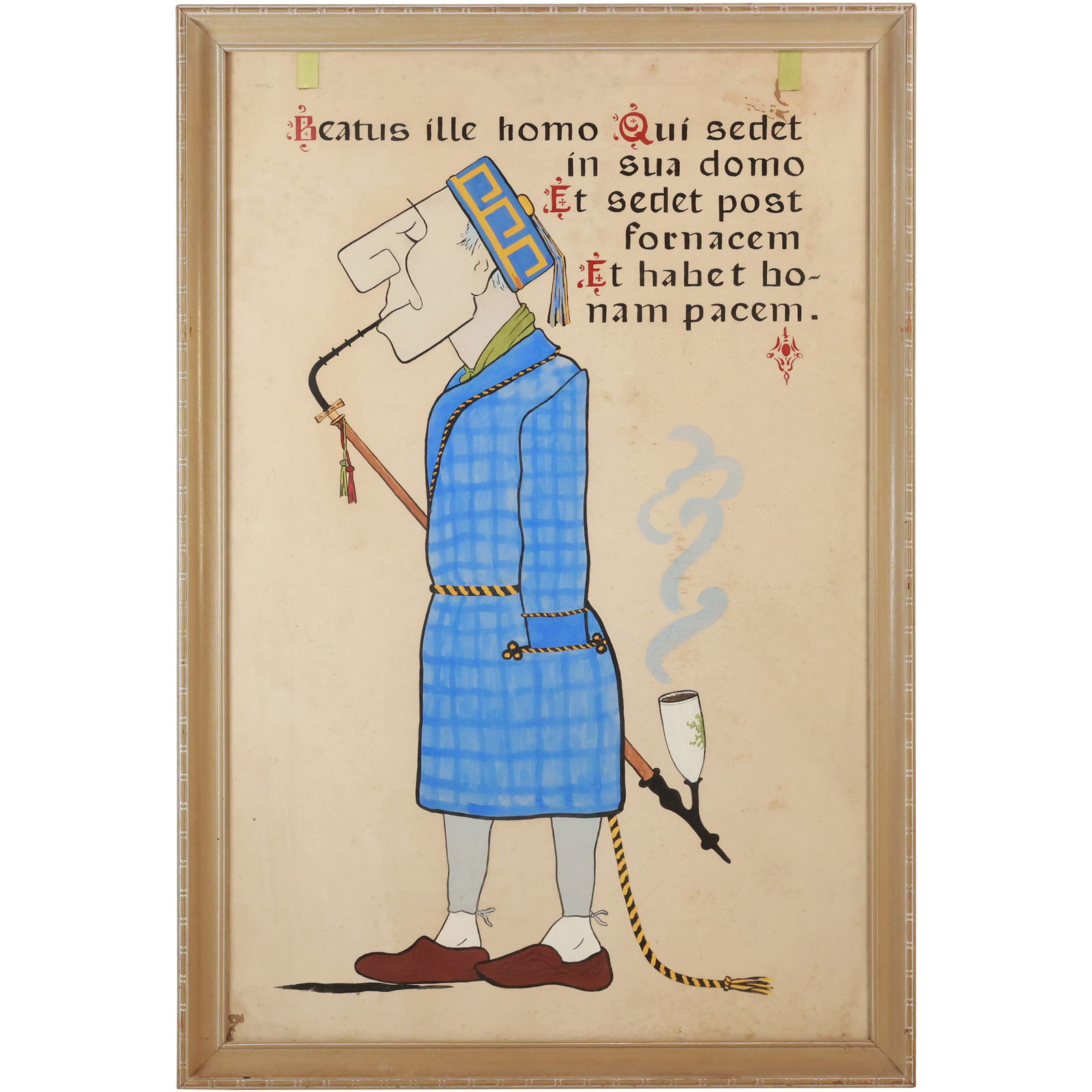 Hand Painted stylized figure in blue, checkered dressing gown, smoking a long pipe, Latin Text (1 of 17)