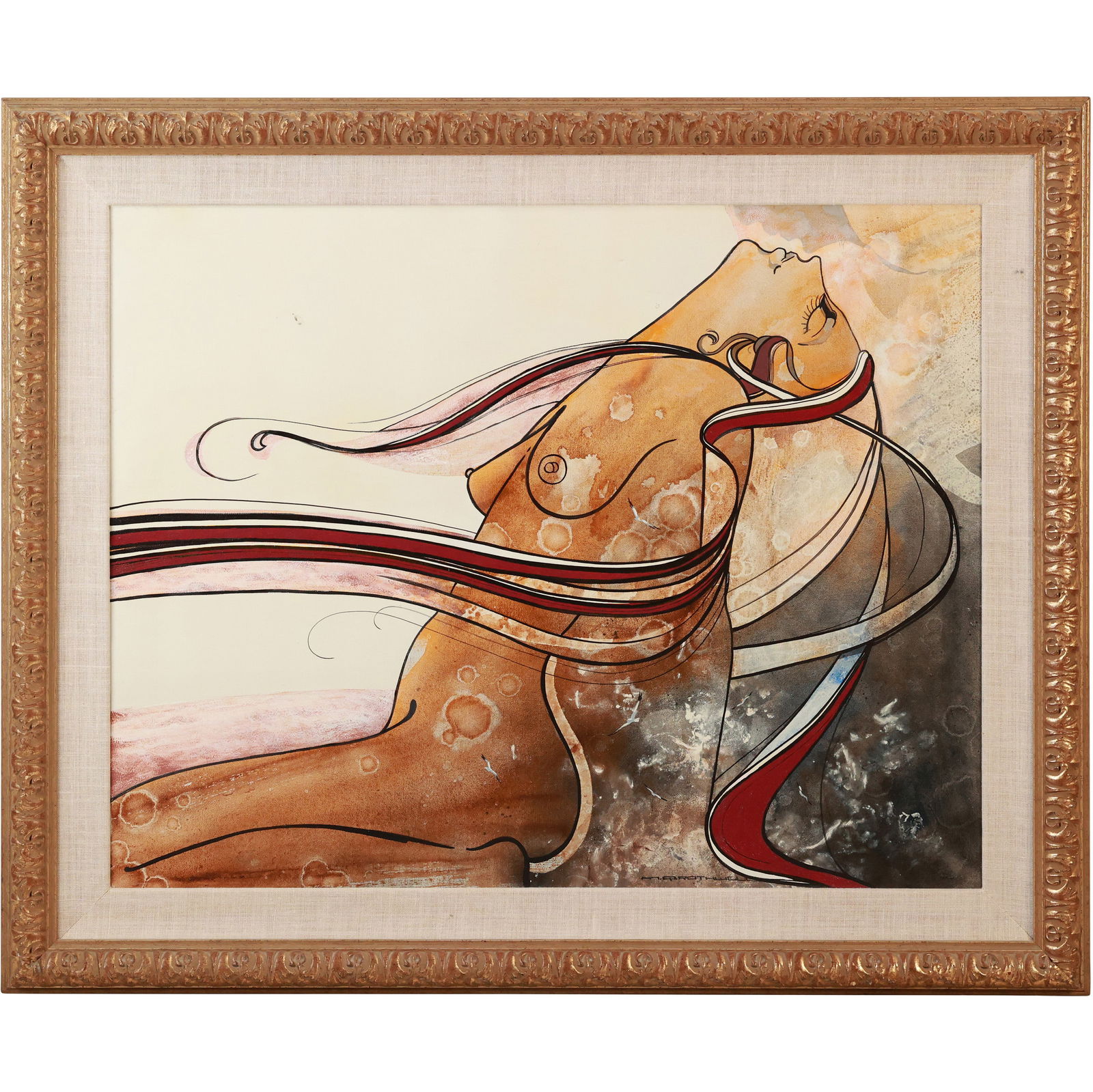 M Q Rothwell, Mixed Media Painting on Canvas, Intimate Nude Reclining Woman, Signed, Framed: M Q Rothwell, Mixed Media Painting on Canvas, Intimate Nude Reclining Woman, Signed, Framed. size: 24 x 29 outside frame 31 x 37 bck_bar