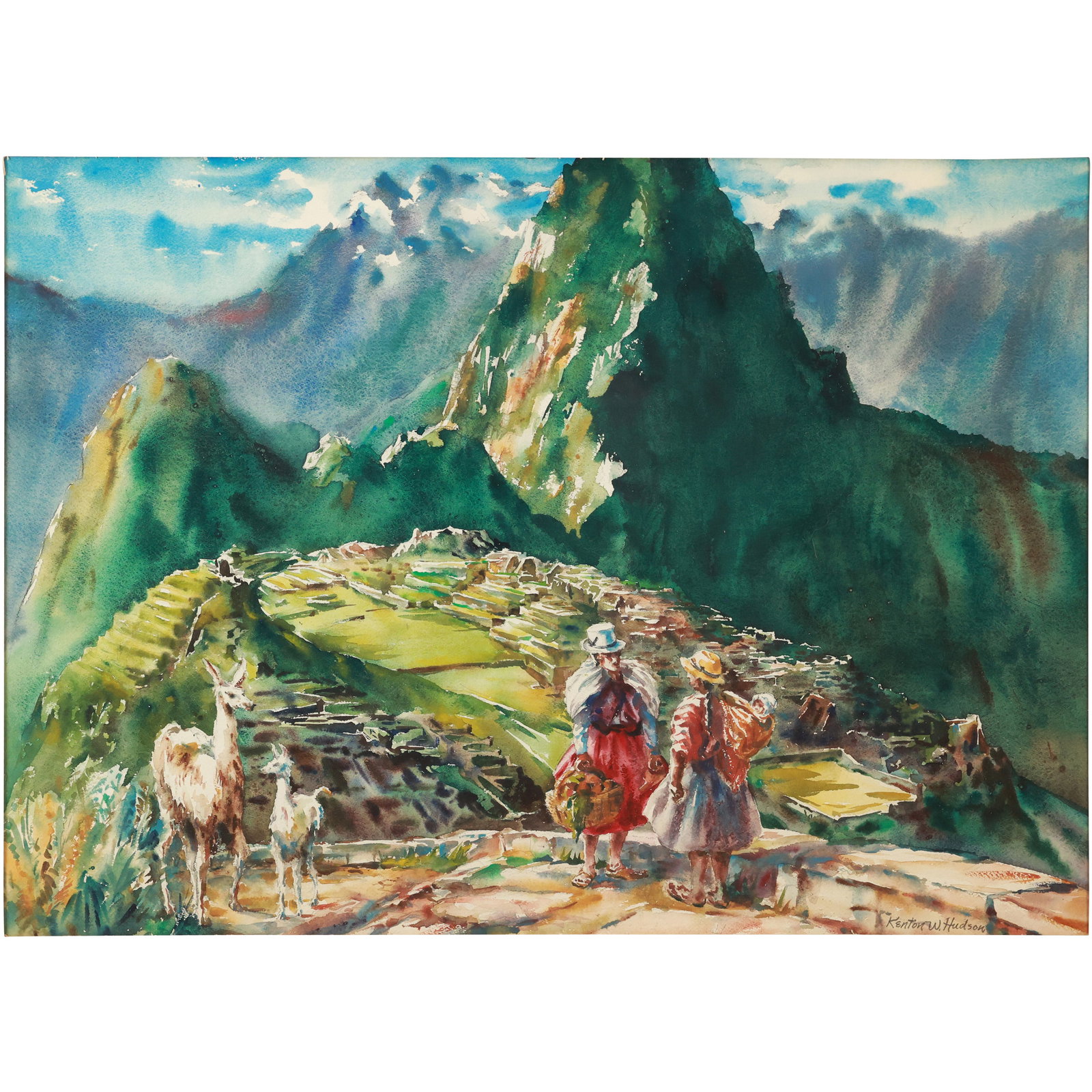 Kenton Warne Hudson (1911 - 2007) Pennsylvania, Machu Picchu, Andes Watercolor Painting: Kenton Warne Hudson (1911 - 2007) Pennsylvania, Machu Picchu, Andes Watercolor Painting. size: 20 x 26.5 outsdie frame 30 x 37 bck_bar ; ASKart: Kenton Warne Hudson (1911 - 2007) was active/lived in P