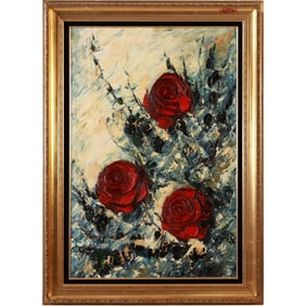 Signed Frank, Impasto Oil on Canvas Painting, Still Life Red Roses, Framed