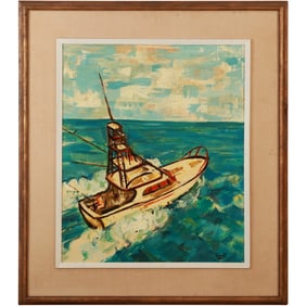 Signed Fredo, Vintage Oil on Canvas Painting Cabin Cruiser Boat on Seas, Framed