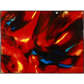 Nicholas Mirandon, American, Large Framed Abstract Painting 36 in. x 48 in. , Reds, Blues