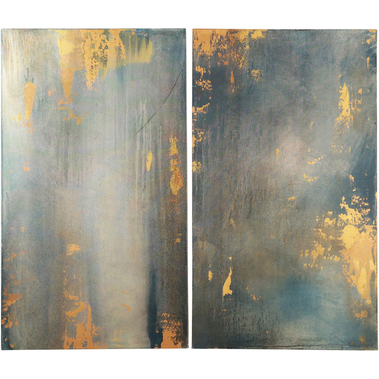 2 Abstract Oil on Canvas Paintings, 20th C., Greyish Blue and Gold, 48 inches x 28 inches (1 of 17)