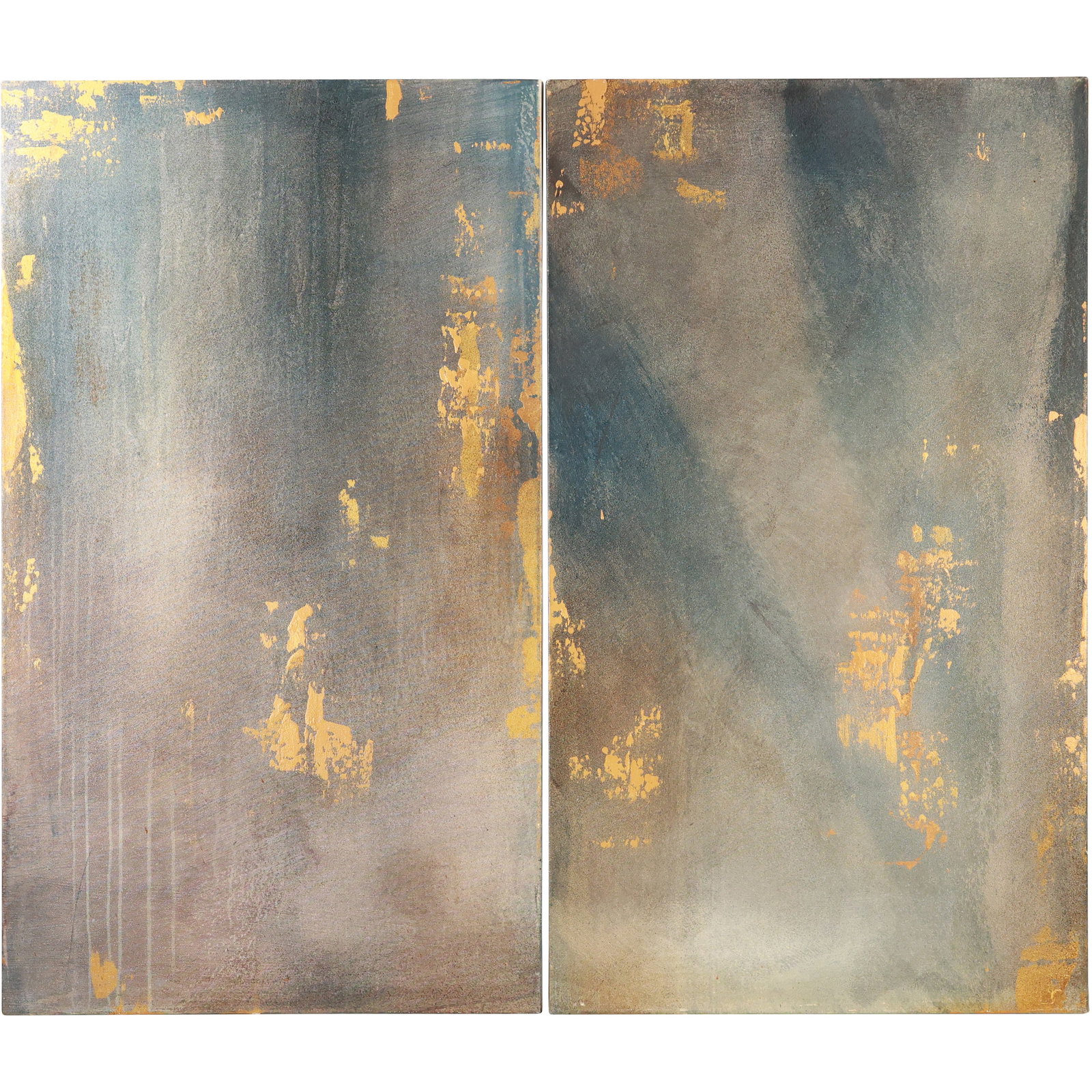 2 Abstract Oil on Canvas Paintings, 20th C., Greyish Blue and Gold, 48 inches x 28 inches: 2 Abstract Oil on Canvas Paintings, 20th C., Greyish Blue and Gold, 48 inches x 28 inches. size: 28 x 48 wht_bar side