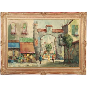 Signed Laurent, Vintage Oil on Canvas Painting Parisian Street Scene, Newman Galleries Label