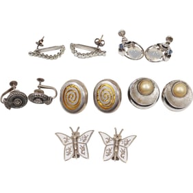 5 Assorted Pairs Sterling Silver Clip-on / Screw Back Earrings: .925 Fax Pearls Clip-on 3/4 in. dia.