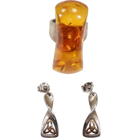 .925 Sterling Silver with Amber Ring Size 7 and .925 Sterling Silver Solvar Drop Earrings