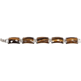 Stunning .925 Sterling Silver 5-Panels of Faceted Tiger's Eye Bracelet 8 3/4 in. x 3/4 in.