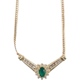 10K Gold, 2.3 dwt, Diamonds and Emerald "V" Shaped Necklace 16 in. x 1 in. pendant