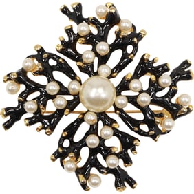 Kenneth Lane Faux Pearls with Black Enameling Gold Tone Large Pin / Pendant 3 in. dia.