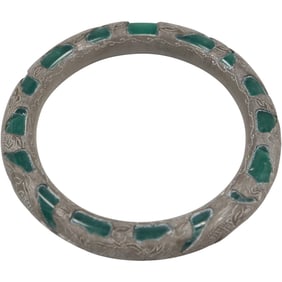 Large Heavy Bangle:  Jade with Silver Encompassing  Bangle Hand Chased Pewter Over Green
