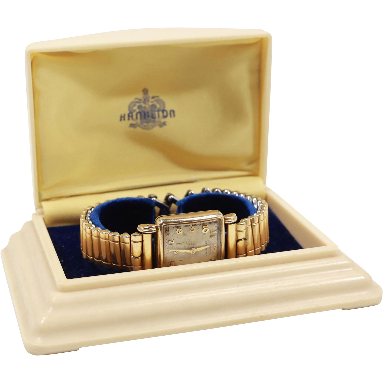 10K Gold Filled Hamilton Men's Tank Wristwatch , Band 10K GF Top [not working], Original Case: 10K Gold Filled Hamilton Men's Tank Wristwatch , Band 10K GF Top [not working], Original Case. 1 in. x 1 1/2 in. face.