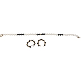 14K Gold Black Onyx Beads with 14K Gold Beads Hoop Earrings; 14K Gold Glass Beads Bracelet