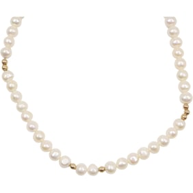 14K Gold Classic White Freshwater Cultured Pearls Necklace with 14K Gold Spacer Beads 18 in.
