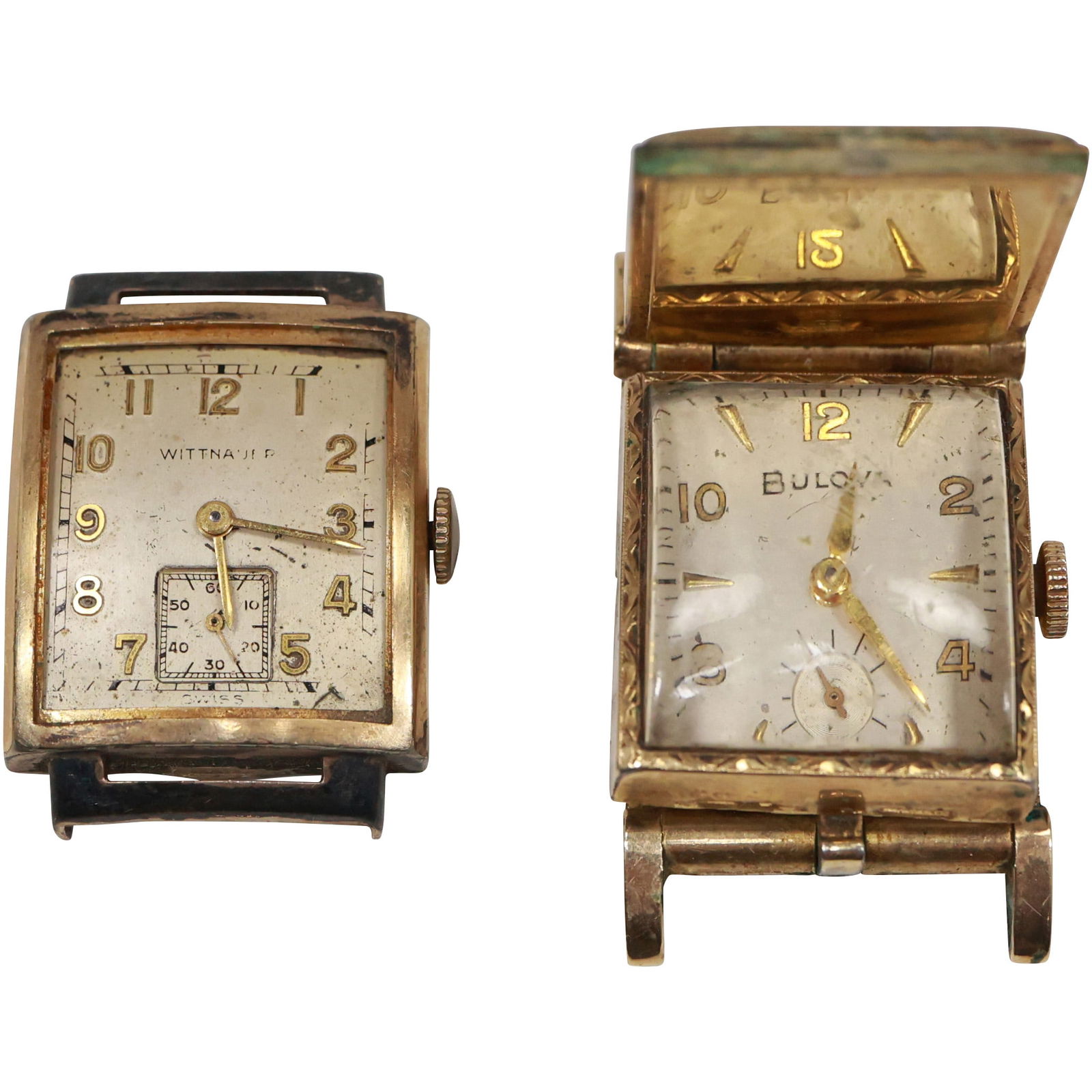 10K Rolled Gold Wittnauer Tank Wattch Face Only No Band [not working]; Bulova Men's Tank: 10K Rolled Gold Wittnauer Tank Wattch Face Only No Band [not working] 1 1/4 in. x 1 in.; Bulova Men's Tank Watch Face Only No Band 10K Rolled Gold Plate, Unusual Secret Back, 1 1/4 in. x 1 in.