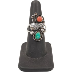 .925 Sterling Silver Native American Navajo Ring Size 7.5 with Turquoise and Coral
