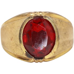 10K Gold Filled Men's Ring Size 11 with Red Glass Stone , 1 in. x 5/8 in.