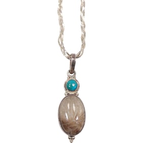 .925 Sterling Silver Stunning Scarab Stone with Turquoise Pendant Necklace on .925 Chain 24 in.
