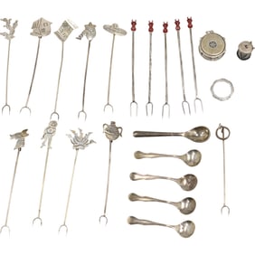 63.2 grams Sterling Silver horderves picks, Small Demi Spoons, Ring, Drum Pendants