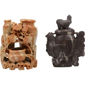 two antique Chinese soapstone carvings, Multiple Pots Vase and Covered Vessel Pot