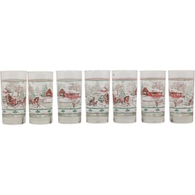 Set 7 Christmas Glasses / Tumblers with Horse & Sleigh Ride, Deer & Holly