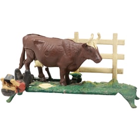 "Milking Cow" Cast Iron Mechanical Coin Bank " Book of Knowledge" in Original Paint