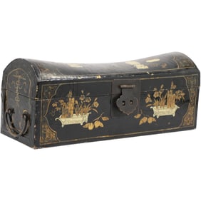 Antique Chinese Export Black Lacquer Dome Top Trunk Chest Hand Painted with Lock