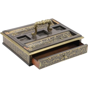 Elegant c.1880 Boulle Brass Inlaid and Lacquered Mahogany Inkwell Desk Caddy with Drawer
